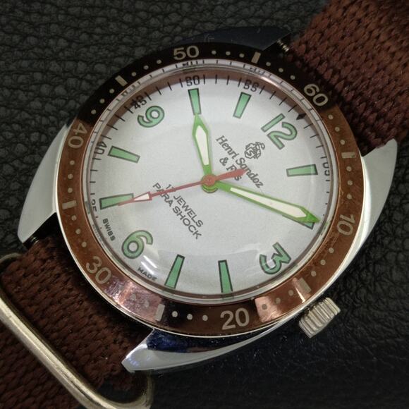 Vintage 1973  Henri Sandoz Manual Mens Silver Watch W/Nato Strap - Picture 6 of 9